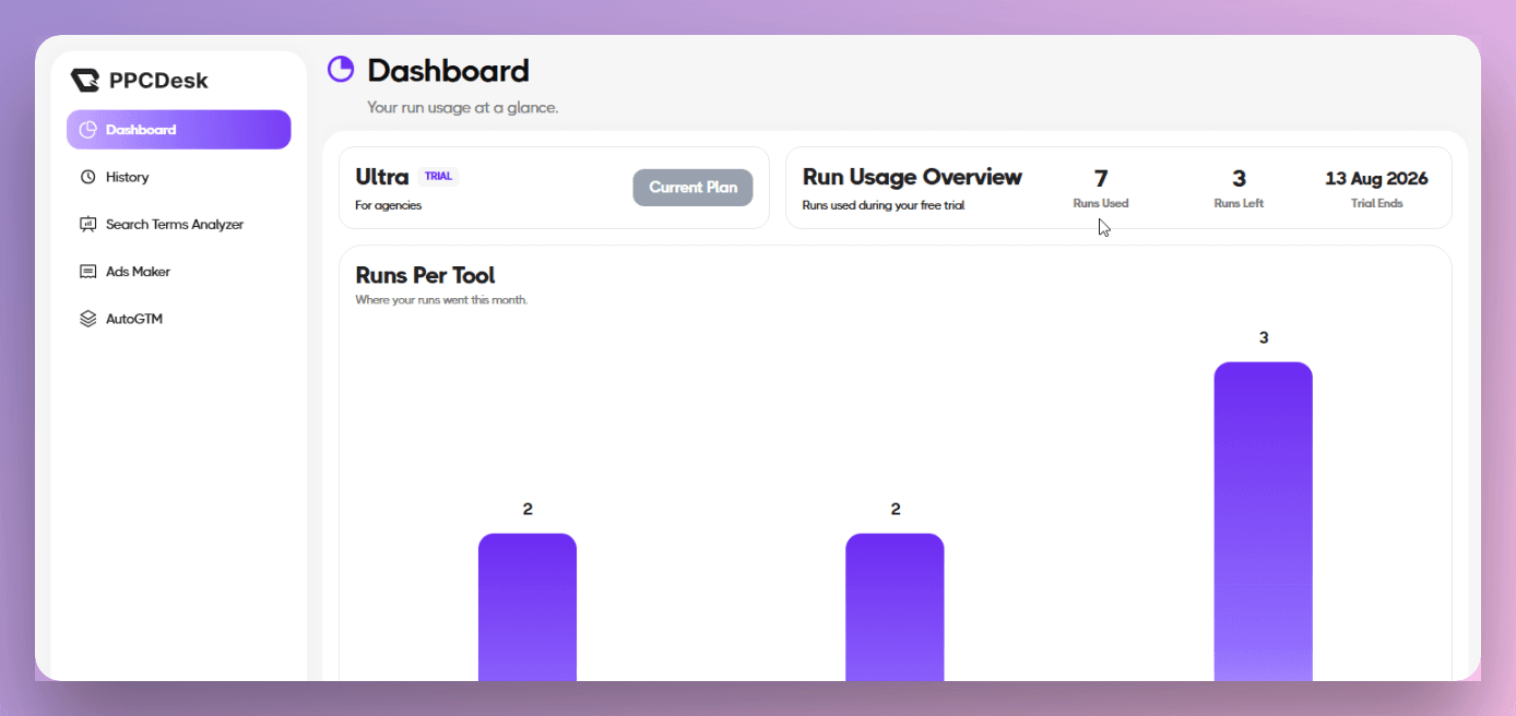 Dashboard preview showing token usage and plan upgrades